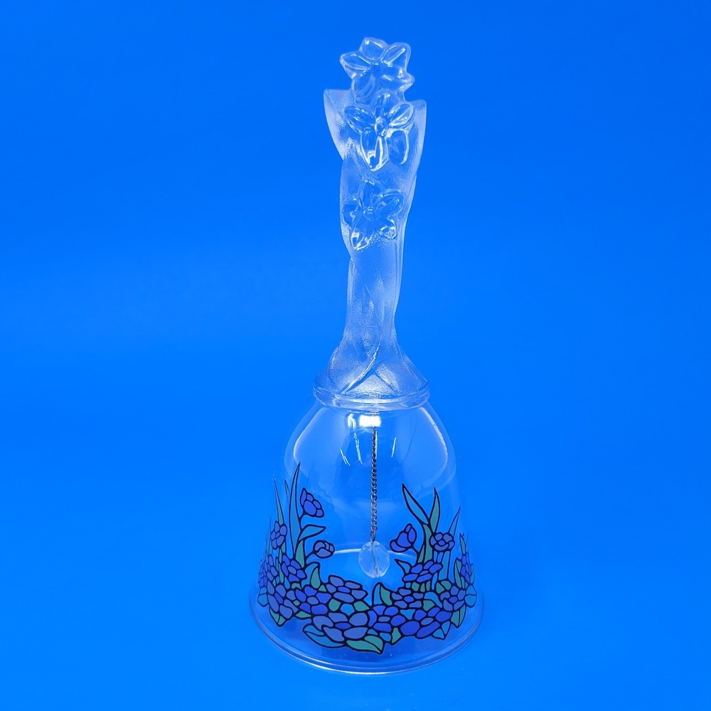 Vintage Frosted Glass Floral Dinner Bell‎ Blue Purple Painted Flowers 6.25 Inch